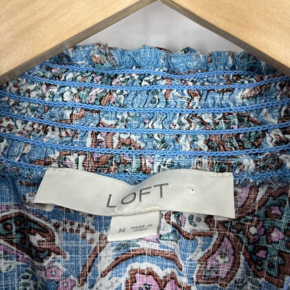 Loft Top Size Medium Bouquet Ruffle Yoke Shirt Button Up Paisley Smocked Prairie - Picture 3 of 10